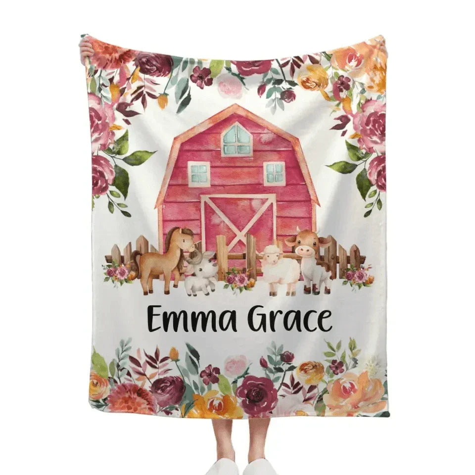 Floral Girl Farm Animal Blanket, Personalized Baby Girl Name Custom Blanket - Joliny