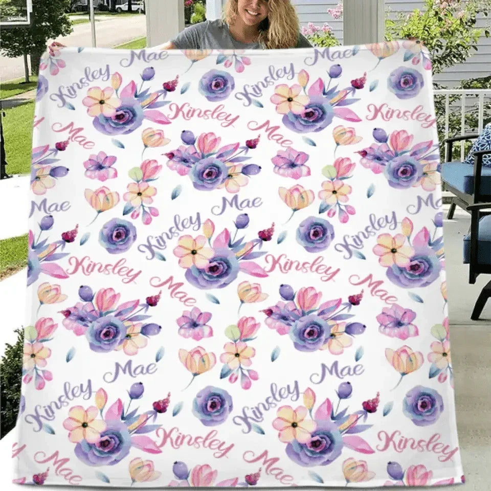 Personalized Purple Floral Name Blanket - Joliny