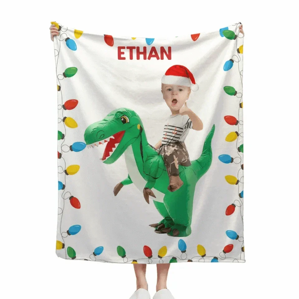 Personalized Riding Dinosaur Blanket, Customized Photo, - Fun Family Gifts - Joliny