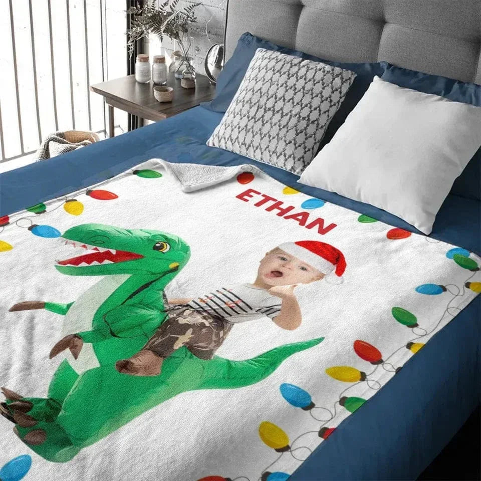 Personalized Riding Dinosaur Blanket, Customized Photo, - Fun Family Gifts - Joliny