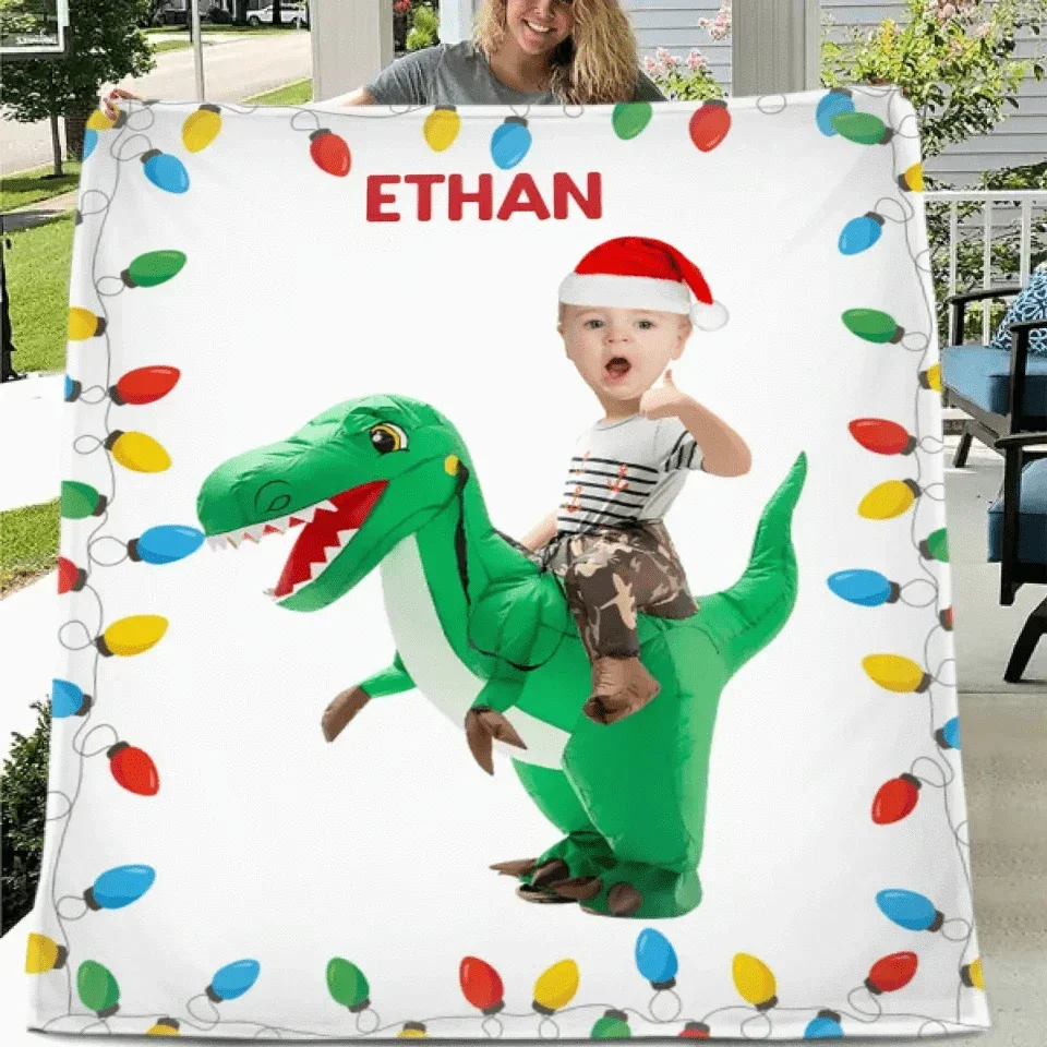 Personalized Riding Dinosaur Blanket, Customized Photo, - Fun Family Gifts - Joliny