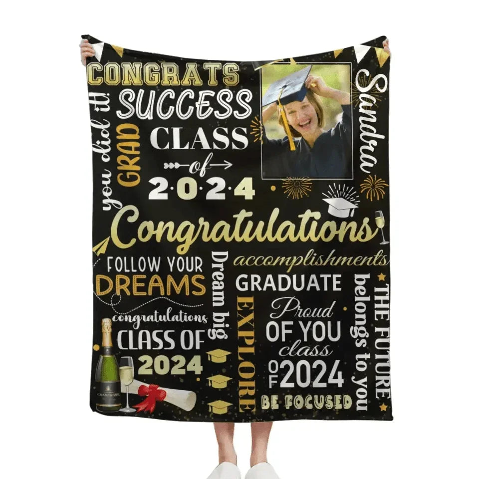 Personalized Senior Class of 2024 Champagne Black Blankets with Photo and Name - Joliny