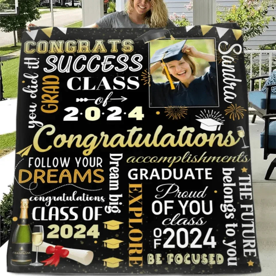 Personalized Senior Class of 2024 Champagne Black Blankets with Photo and Name - Joliny