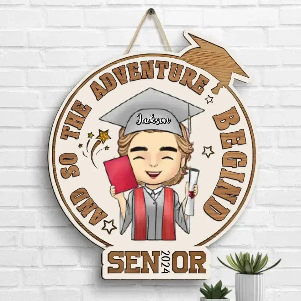 Personalized Shaped Wood Sign - The Adventure Begins - Graduation Gift - Joliny