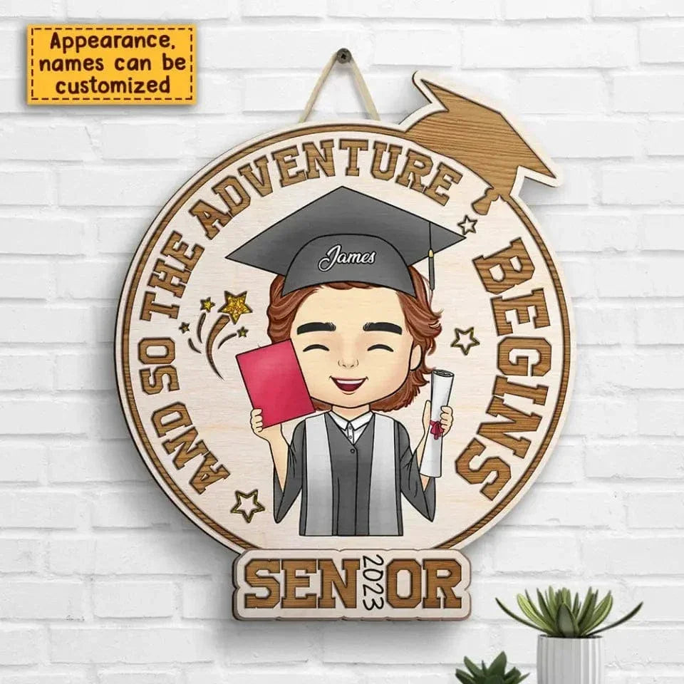 Personalized Shaped Wood Sign - The Adventure Begins - Graduation Gift - Joliny