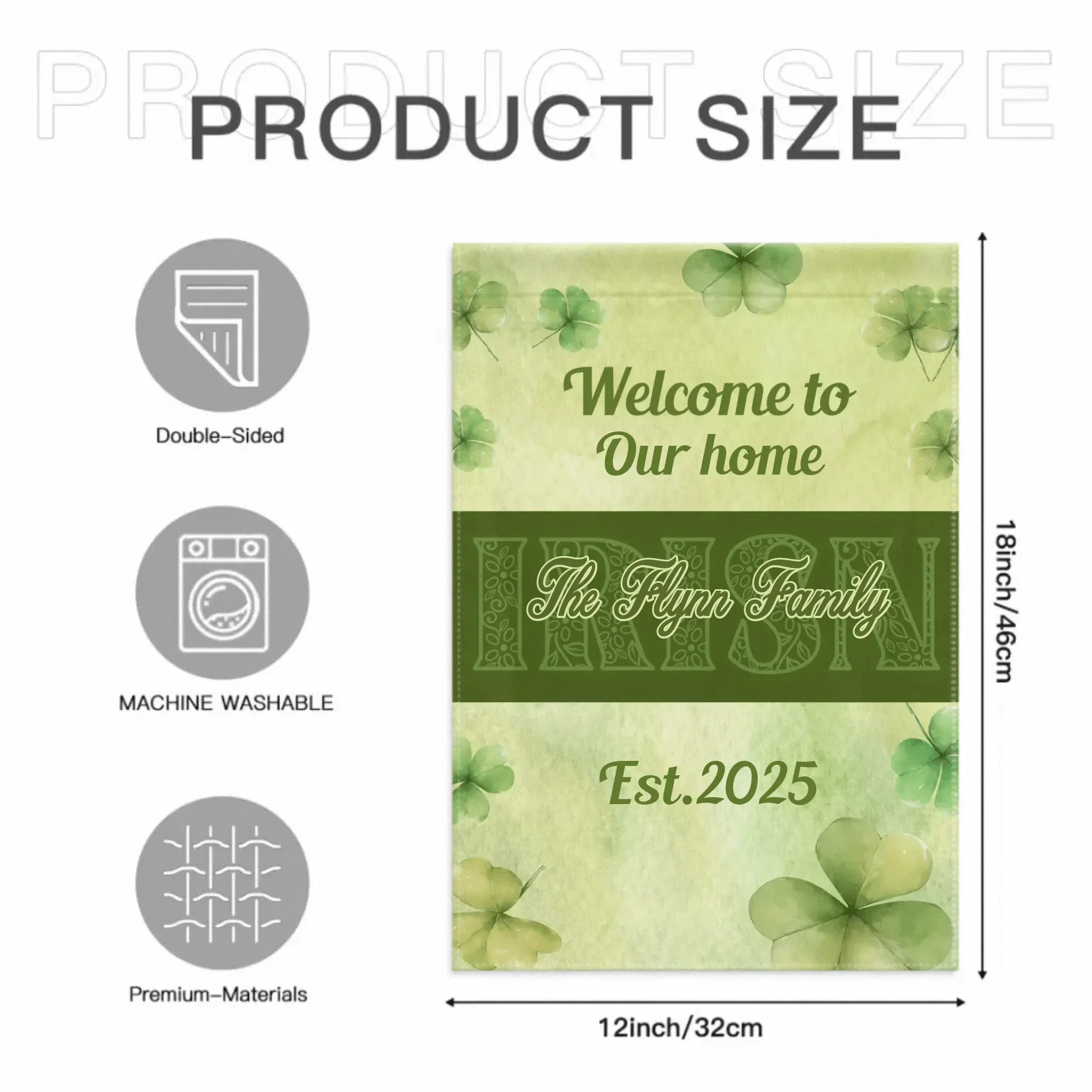 Personalized St. Patrick's Day Irish Shamrock 4-Leaf Garden Flag with Text St. Patrick's Day Gifts for the Family - Joliny