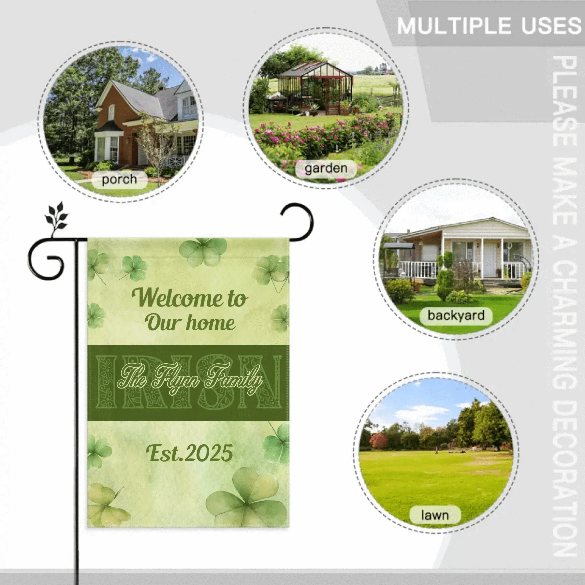 Personalized St. Patrick's Day Irish Shamrock 4-Leaf Garden Flag with Text St. Patrick's Day Gifts for the Family - Joliny