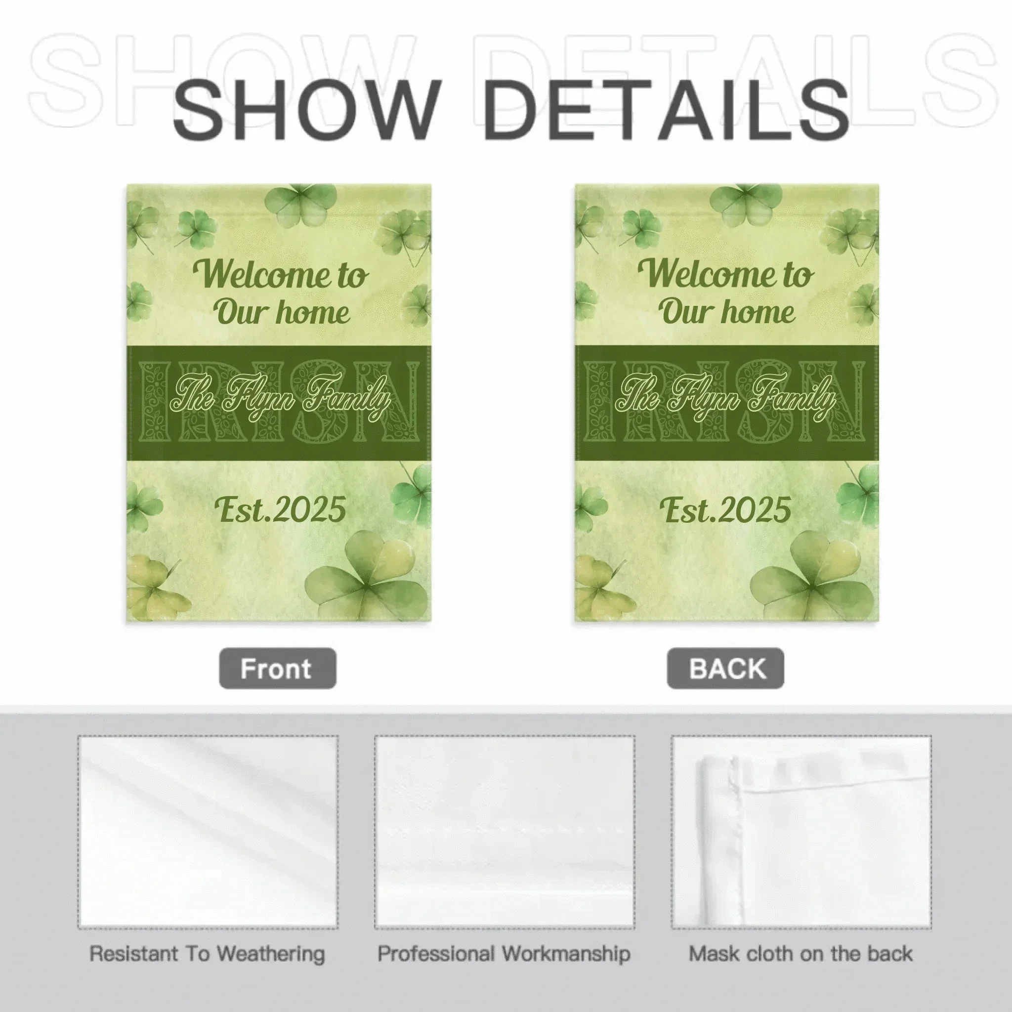 Personalized St. Patrick's Day Irish Shamrock 4-Leaf Garden Flag with Text St. Patrick's Day Gifts for the Family - Joliny