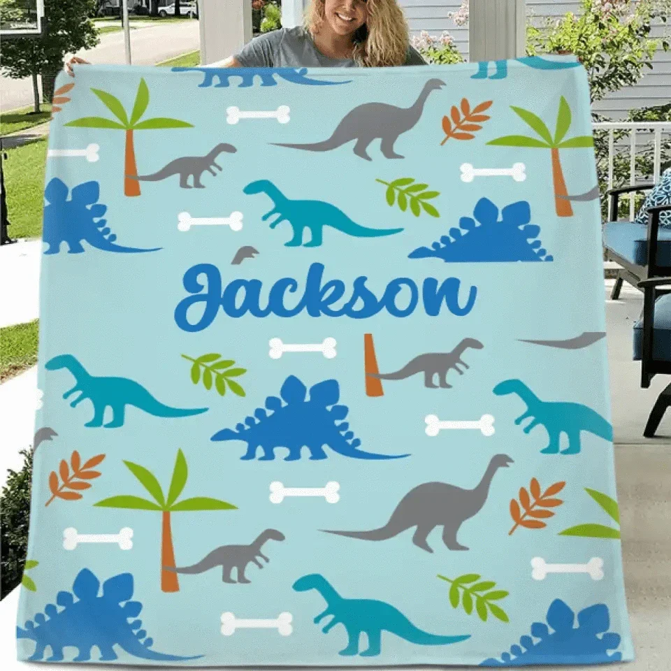 Personalized Watercolor Dinosaur Silhouette Name Blanket - Joliny