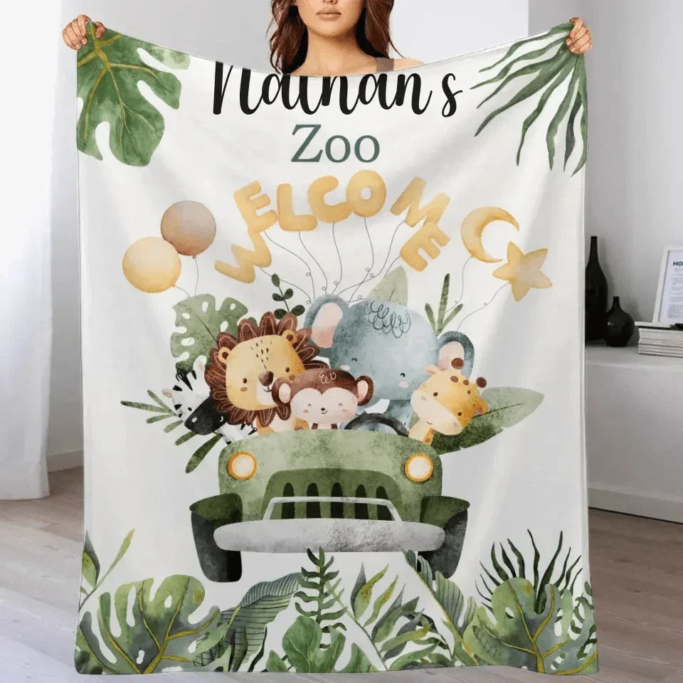 Personalized Watercolor Safari Animals Welcoming with Truck Blanket - Joliny