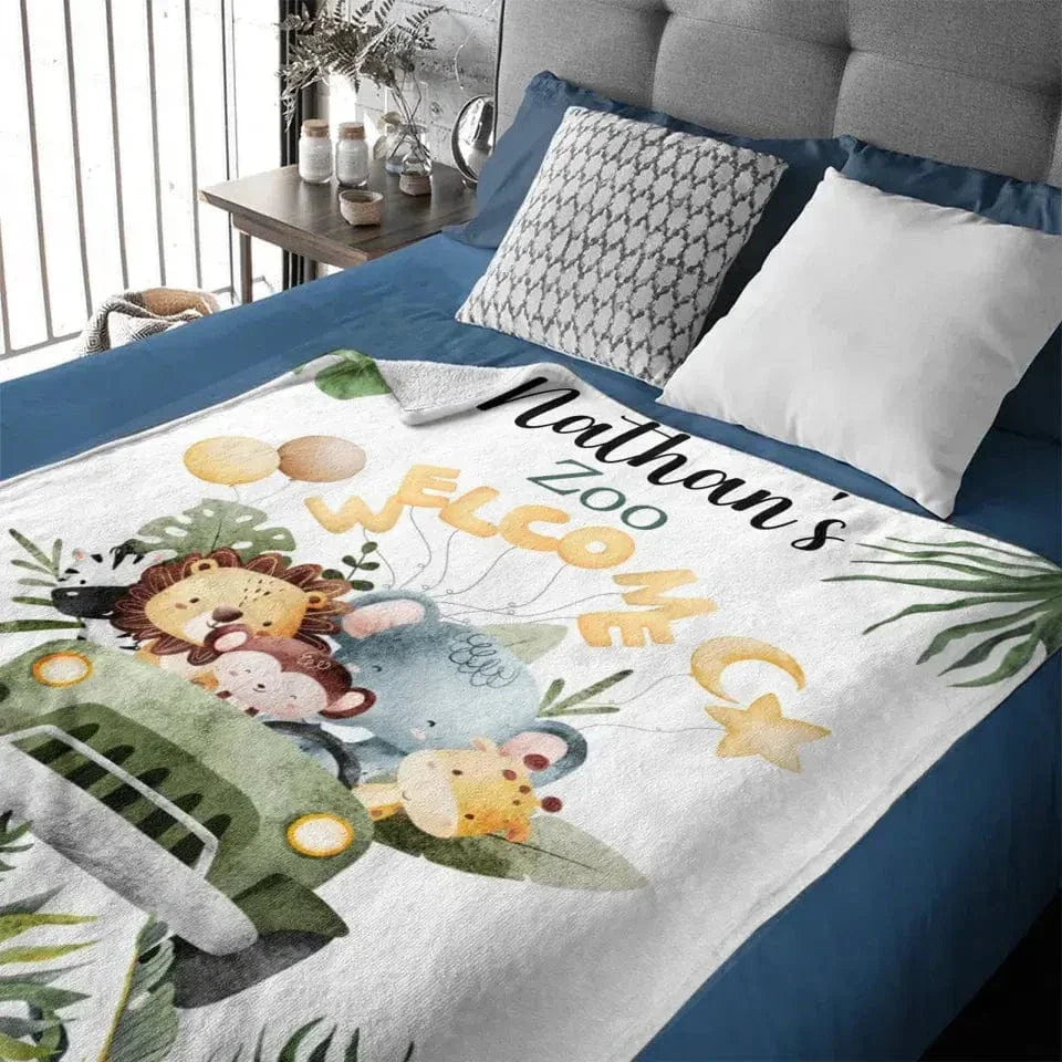 Personalized Watercolor Safari Animals Welcoming with Truck Blanket - Joliny