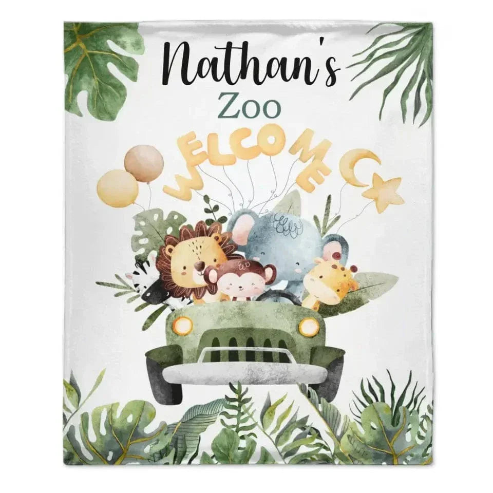 Personalized Watercolor Safari Animals Welcoming with Truck Blanket - Joliny