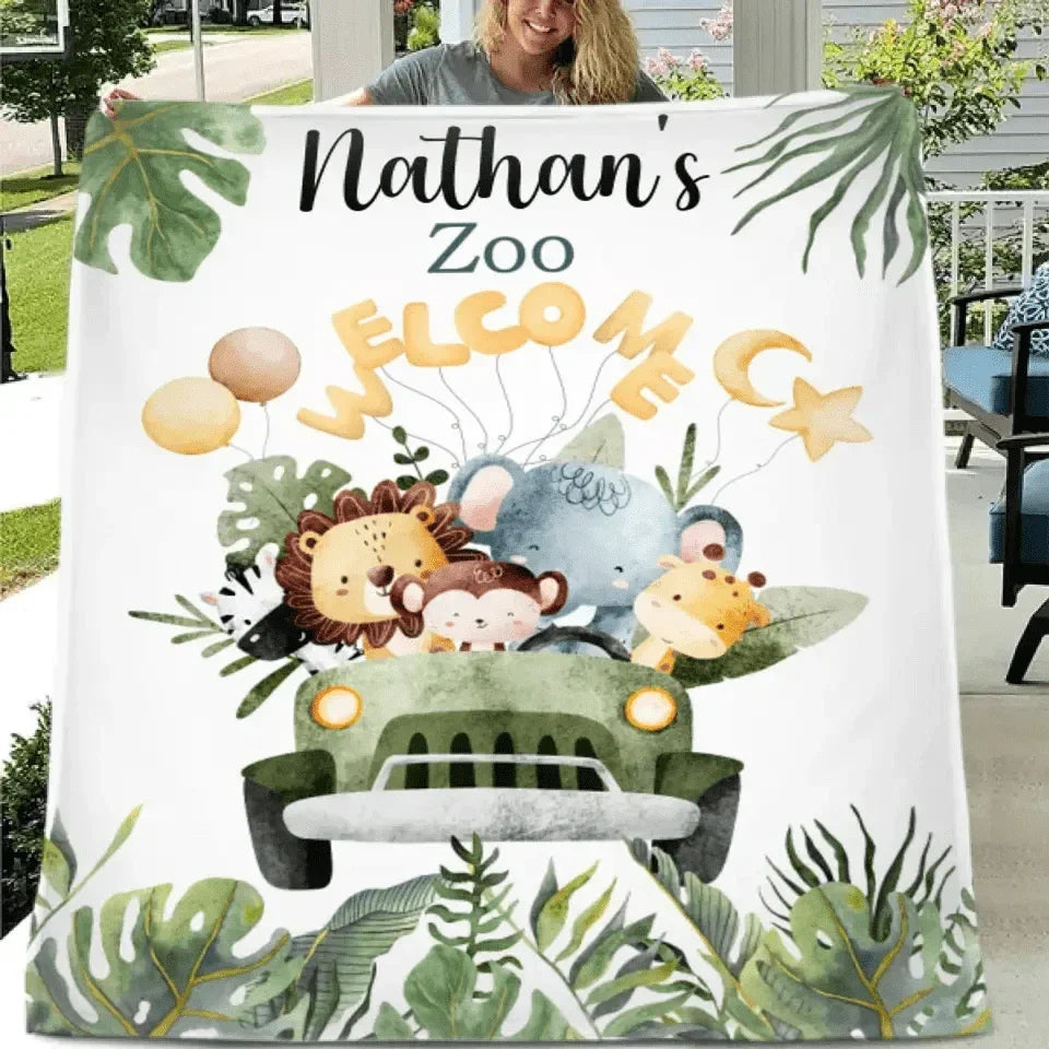 Personalized Watercolor Safari Animals Welcoming with Truck Blanket - Joliny