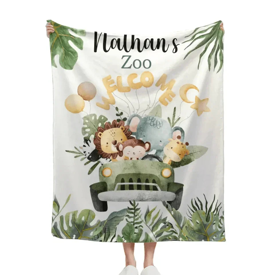 Personalized Watercolor Safari Animals Welcoming with Truck Blanket - Joliny