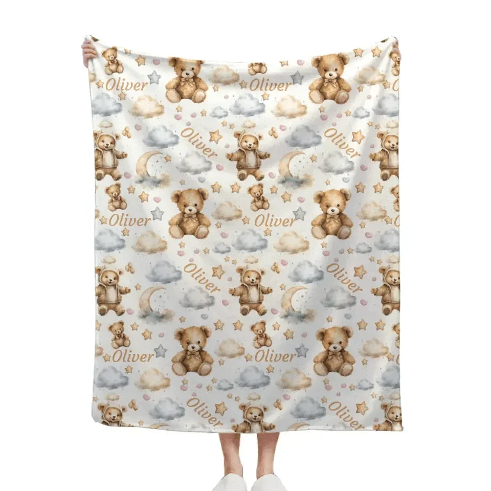 Personalized Watercolor Teddy Bear Swaddle Blanket - Joliny