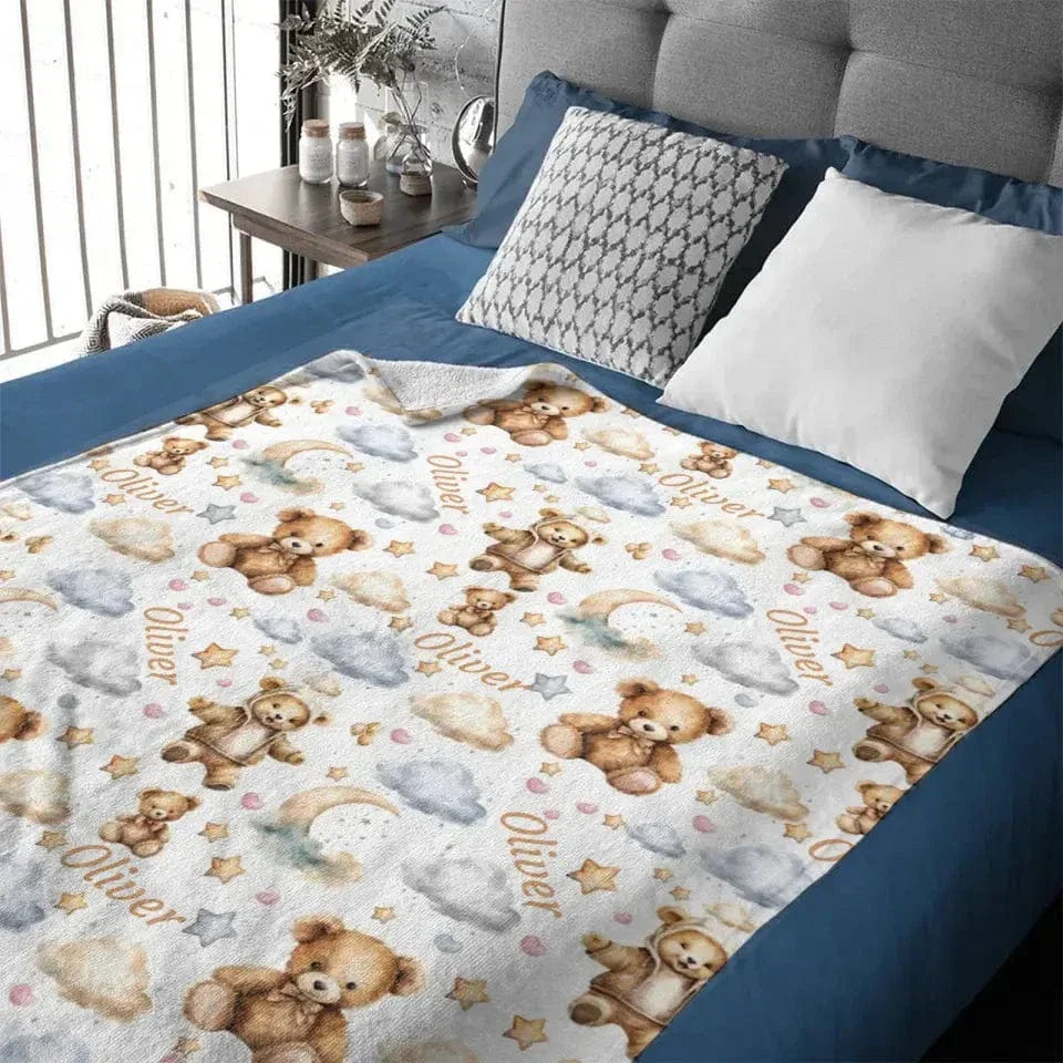 Personalized Watercolor Teddy Bear Swaddle Blanket - Joliny