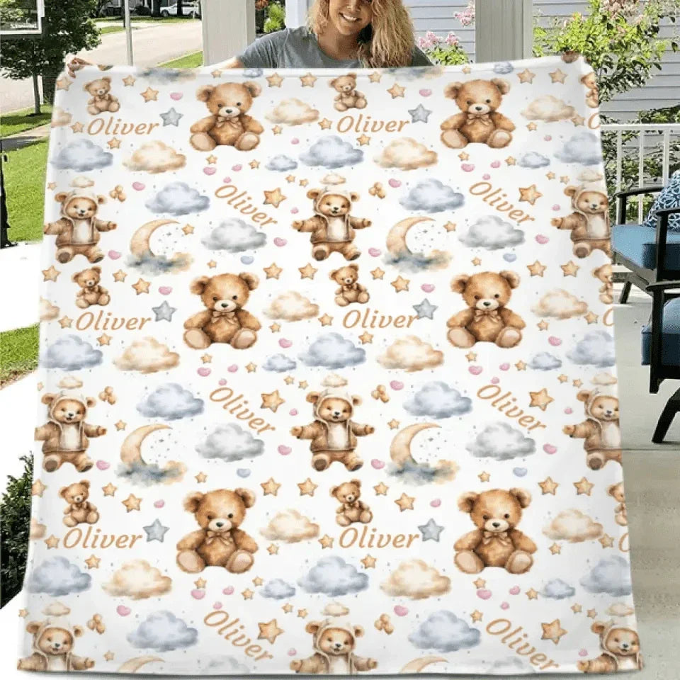 Personalized Watercolor Teddy Bear Swaddle Blanket - Joliny