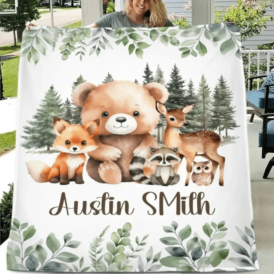 Personalized Woodland Animal Name Baby Blanket for Boys - Joliny