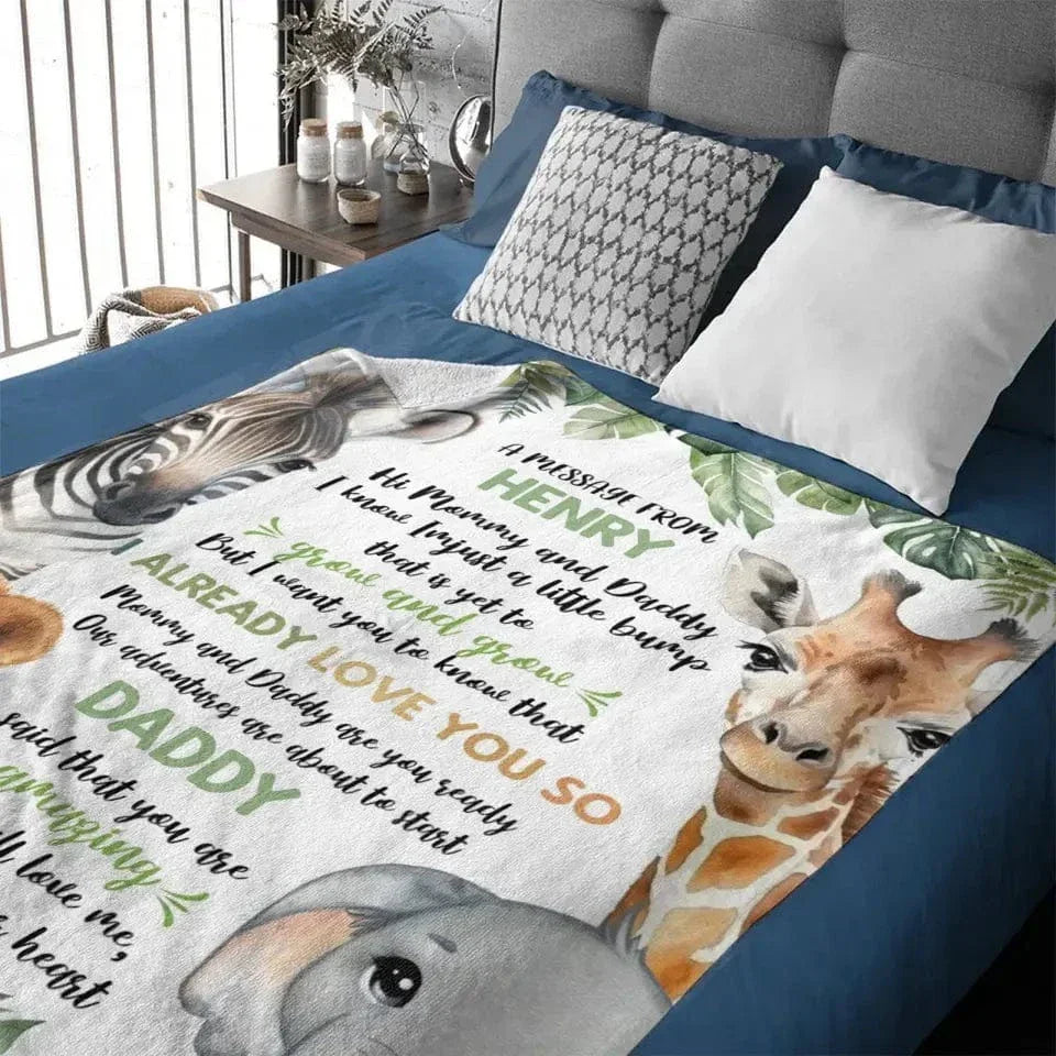 Personalized Zebra Lion Baby Elephant Deer On The Left And Right Sides Woodland Blanket- Mommy And Daddy - Joliny