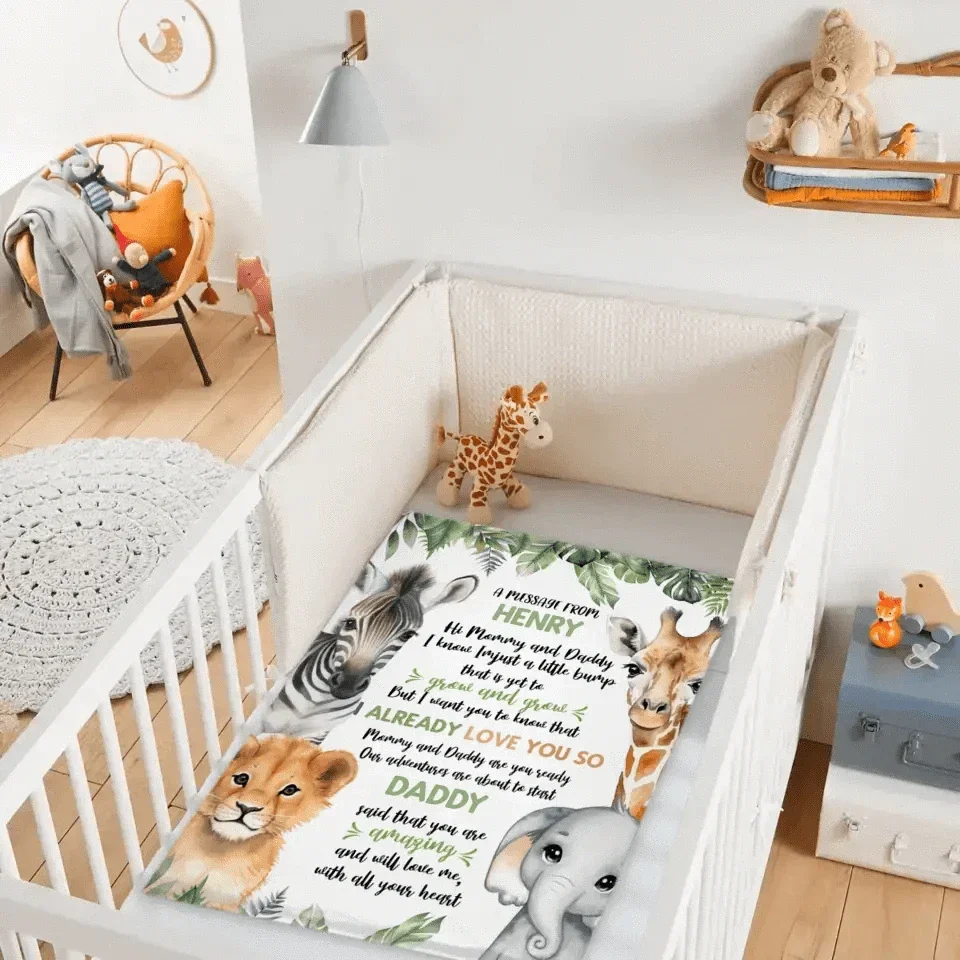 Personalized Zebra Lion Baby Elephant Deer On The Left And Right Sides Woodland Blanket- Mommy And Daddy - Joliny