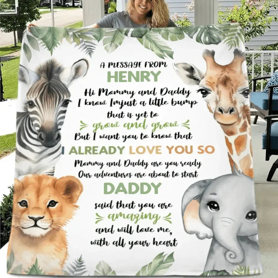 Personalized Zebra Lion Baby Elephant Deer On The Left And Right Sides Woodland Blanket- Mommy And Daddy - Joliny