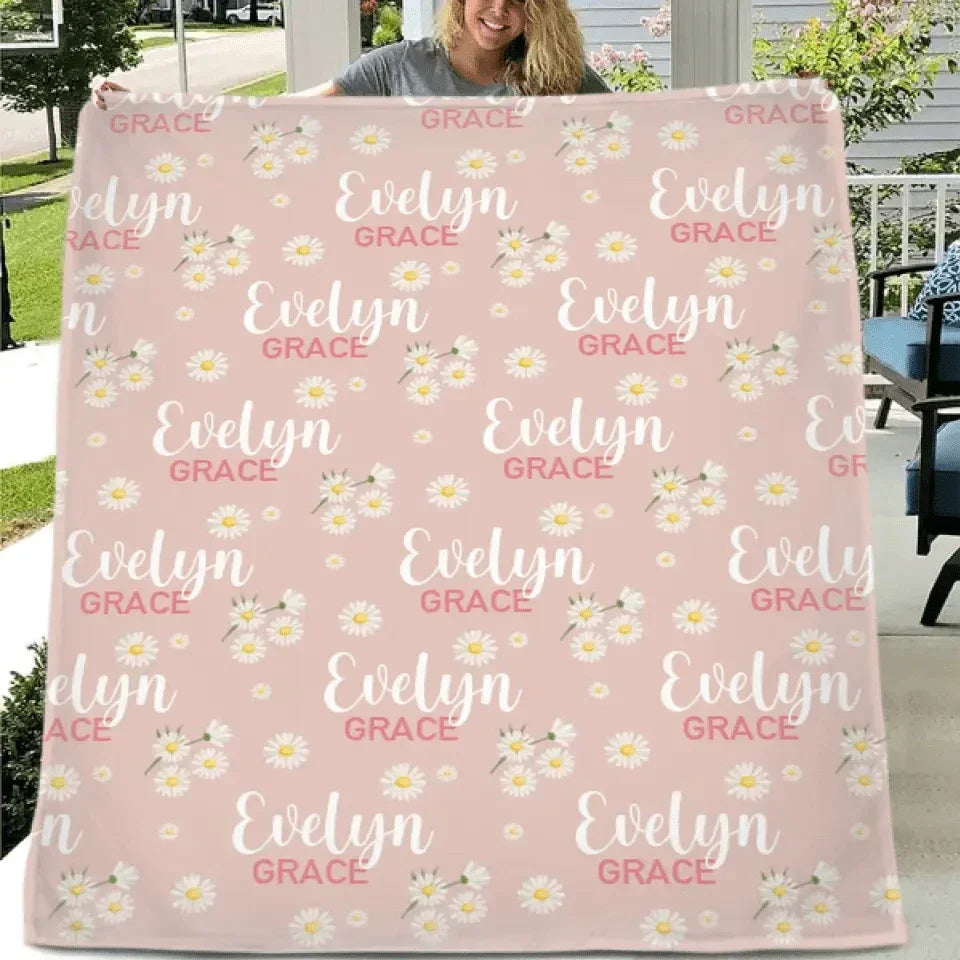 Pink Daisy Name Blanket, Personalized Daisy Blanket, Gift For Baby Girl - Joliny