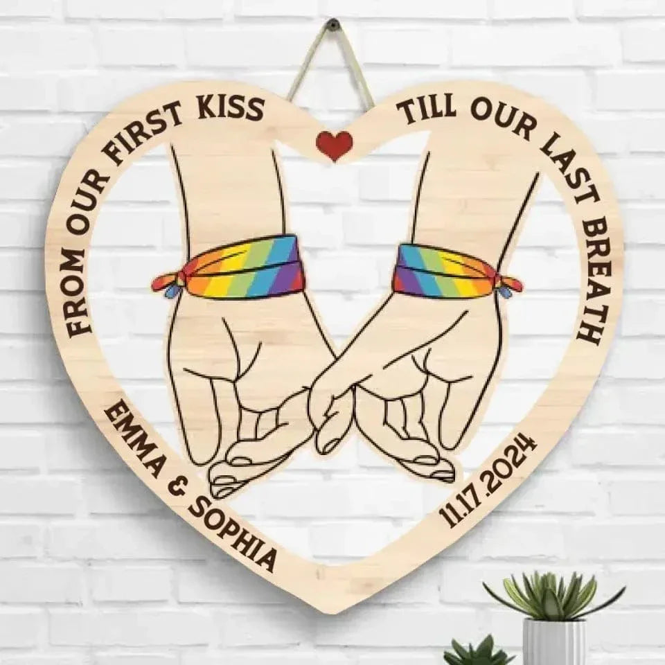 Pinky Promise, From Our First Kiss, LGBTQ+ Couples - Gift For Couples, Husband Wife, Personalized Shaped Wood Sign - Joliny
