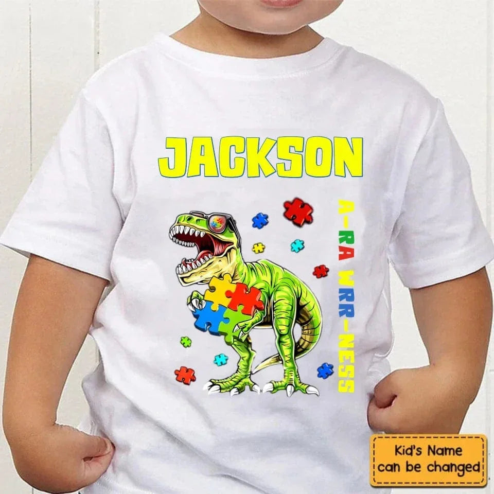 Puzzles and Dinosaurs - Personalized Name Colourful Graphic T-Shirt - A Gift for Child - Joliny
