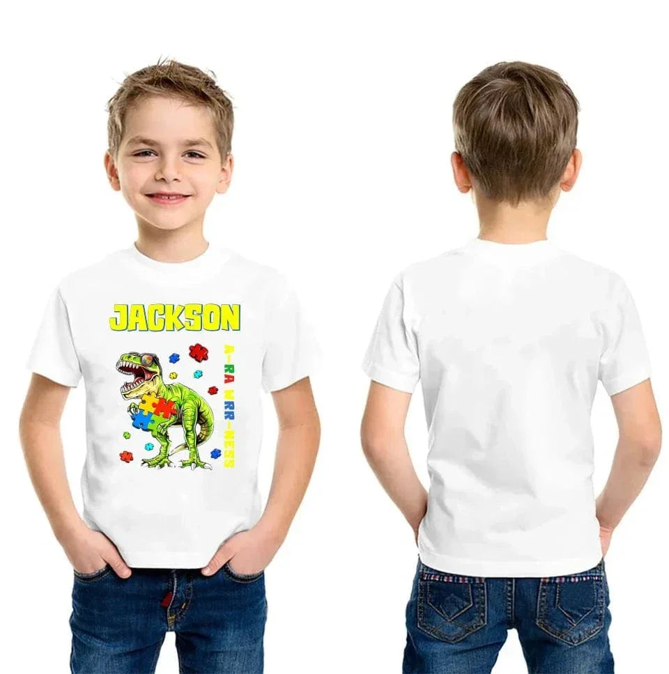 Puzzles and Dinosaurs - Personalized Name Colourful Graphic T-Shirt - A Gift for Child - Joliny