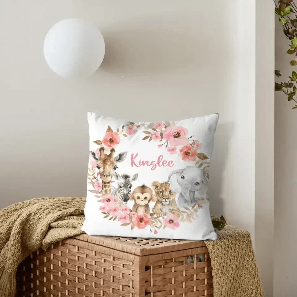 Red Flowers Safari Baby Animal Name Customized Pillow - Joliny