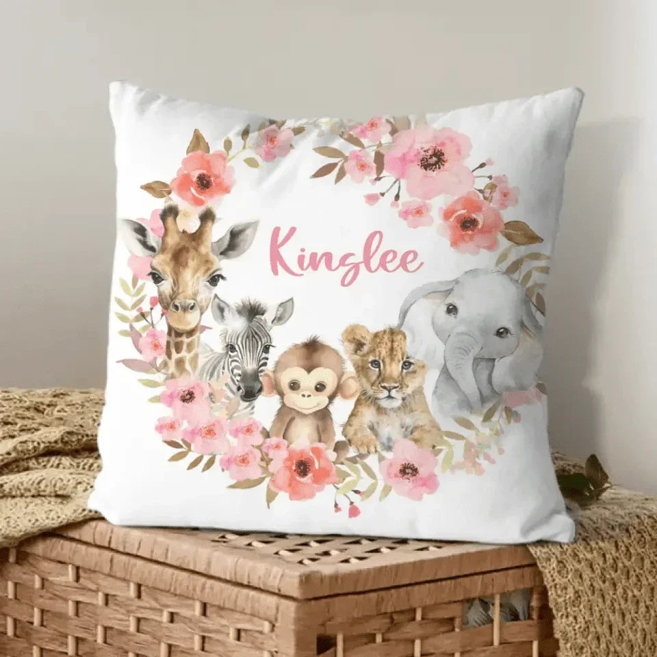Red Flowers Safari Baby Animal Name Customized Pillow - Joliny