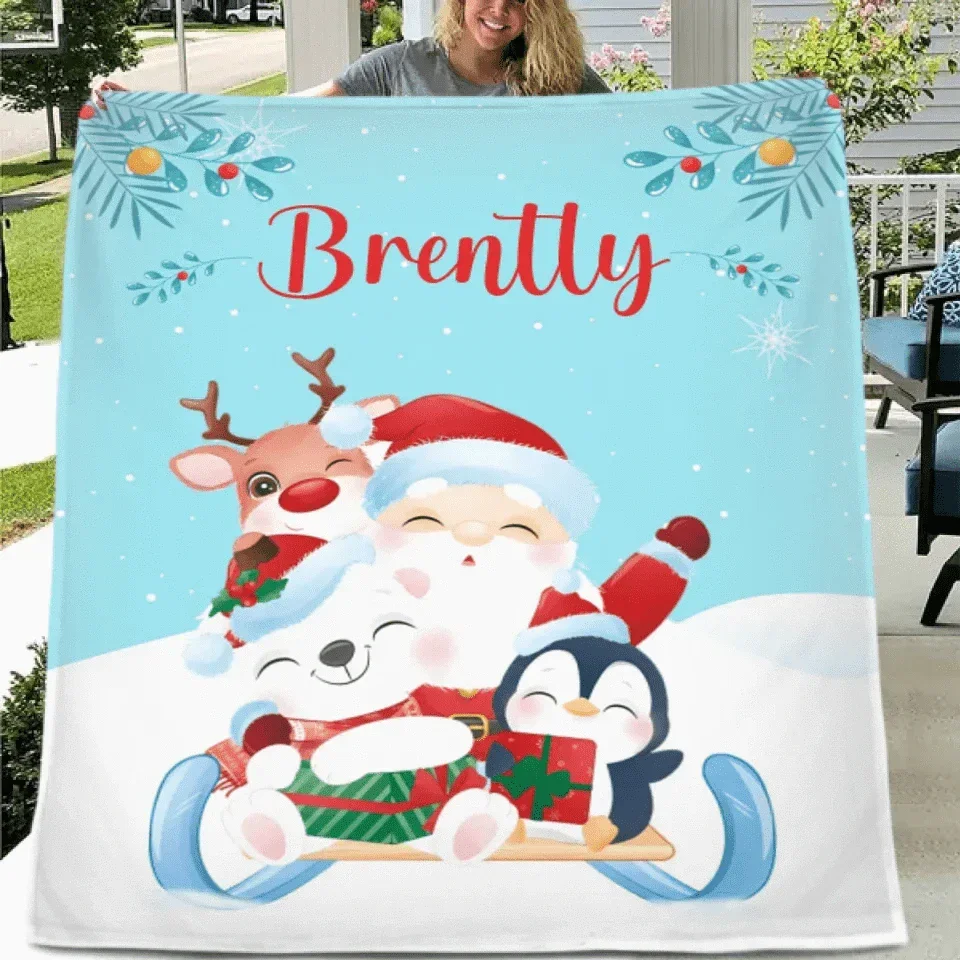 Santa and Elk Christmas Holiday Vibes Custom Blanket - Pretty Snow Scene Christmas Blanket with Personalized Name - Christmas Gift For Friend,Child,Baby - Joliny