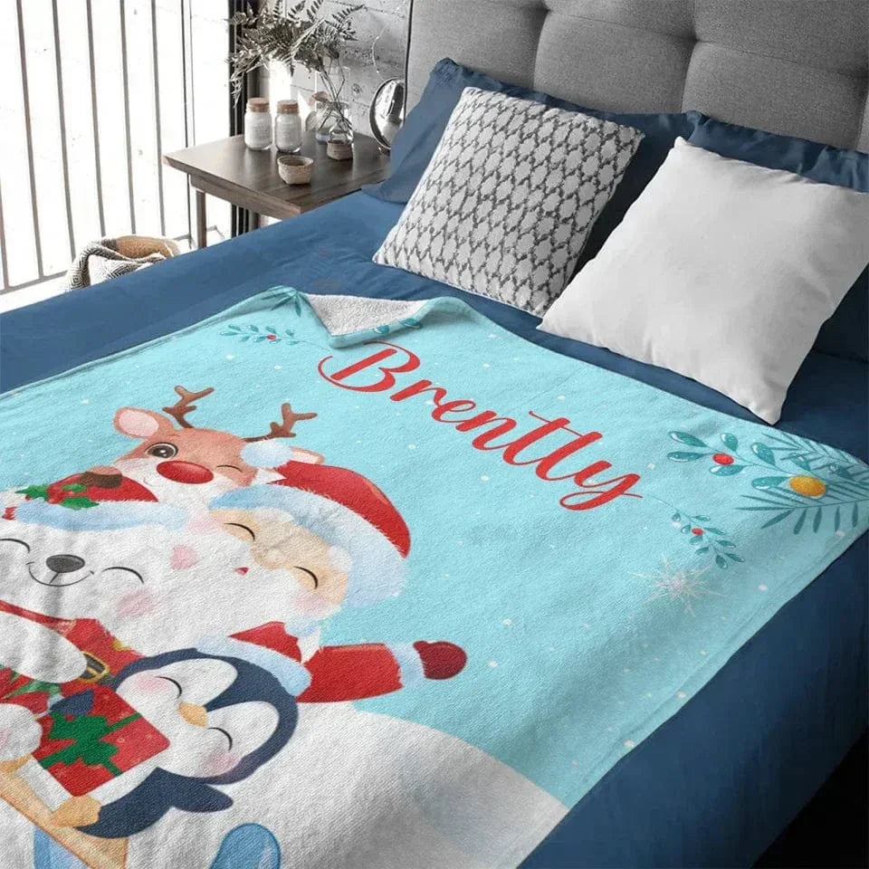 Santa and Elk Christmas Holiday Vibes Custom Blanket - Pretty Snow Scene Christmas Blanket with Personalized Name - Christmas Gift For Friend,Child,Baby - Joliny