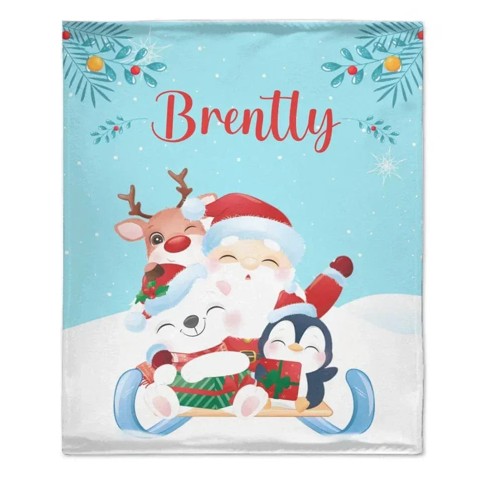 Santa and Elk Christmas Holiday Vibes Custom Blanket - Pretty Snow Scene Christmas Blanket with Personalized Name - Christmas Gift For Friend,Child,Baby - Joliny