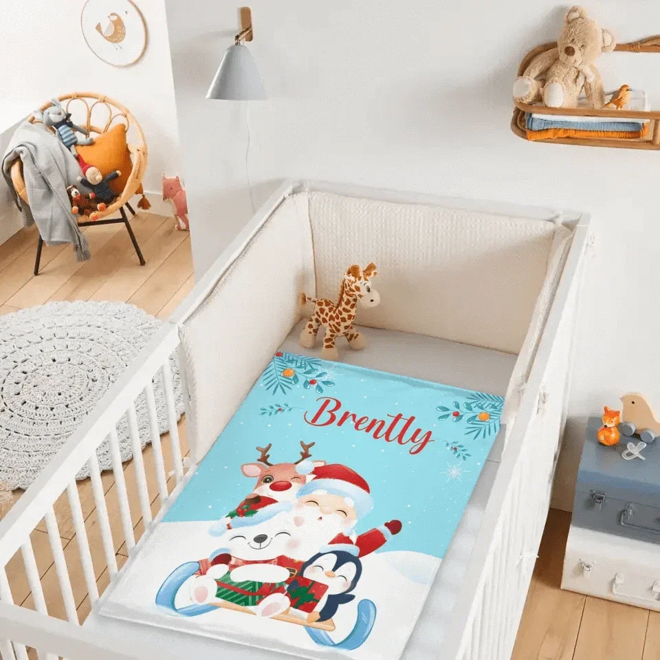 Santa and Elk Christmas Holiday Vibes Custom Blanket - Pretty Snow Scene Christmas Blanket with Personalized Name - Christmas Gift For Friend,Child,Baby - Joliny