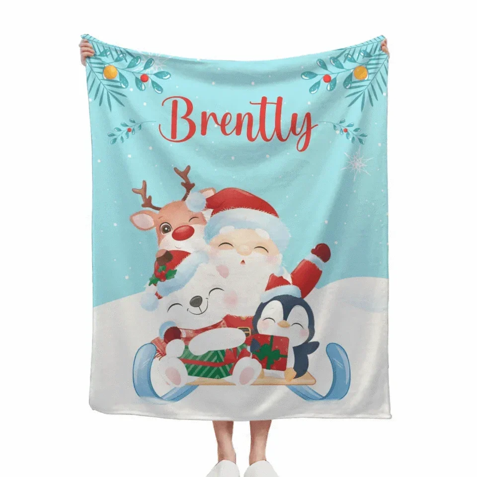 Santa and Elk Christmas Holiday Vibes Custom Blanket - Pretty Snow Scene Christmas Blanket with Personalized Name - Christmas Gift For Friend,Child,Baby - Joliny