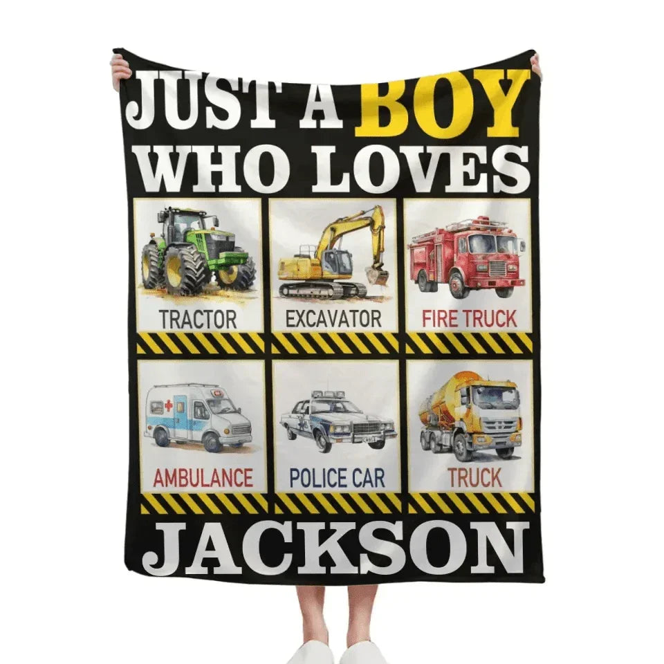 Six Truck Gift Blanket - with Names - Just A Boy Who Loves - Joliny