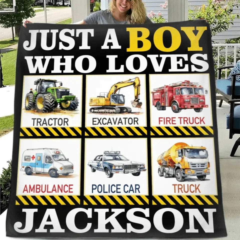 Six Truck Gift Blanket - with Names - Just A Boy Who Loves - Joliny