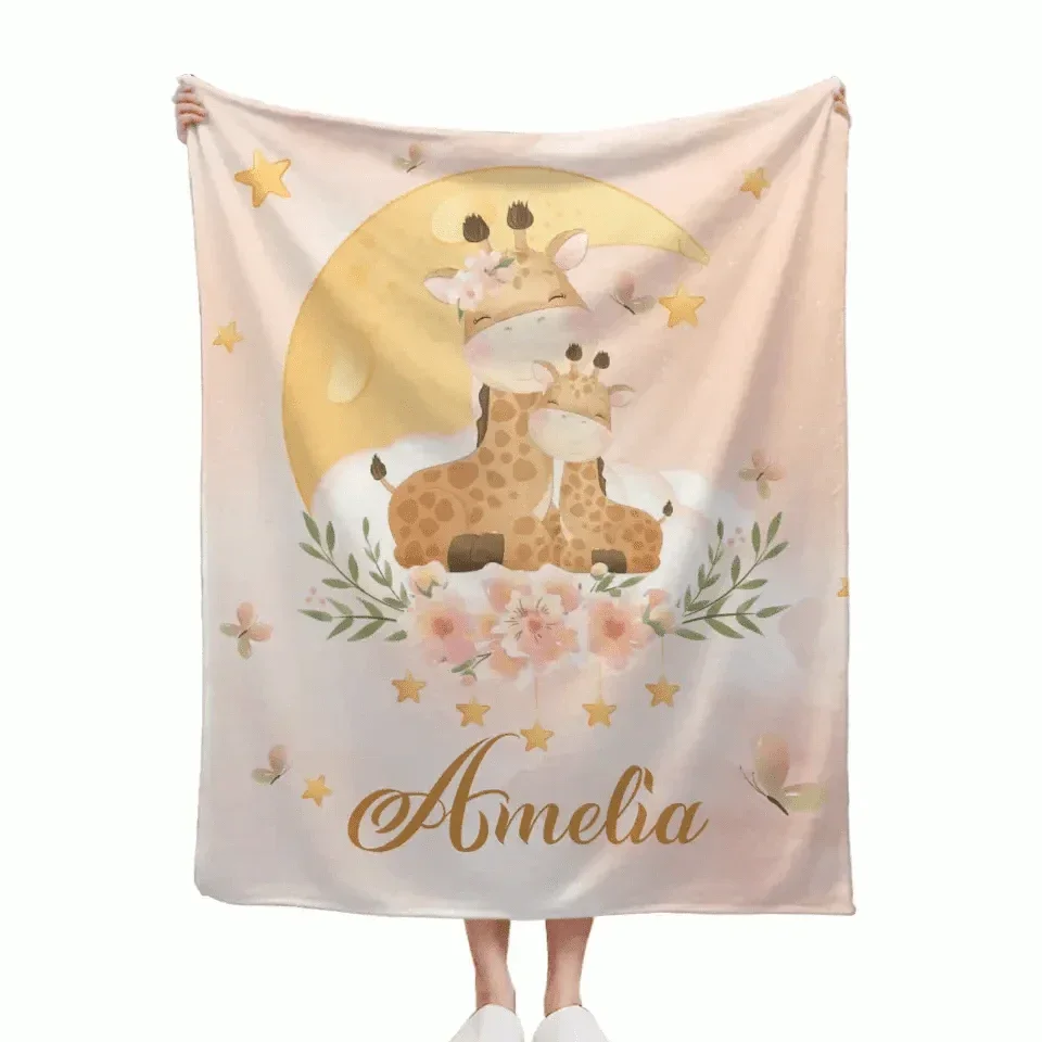 Sleeping Baby Animals on Moon, Personalized Baby Name Blanket - Joliny