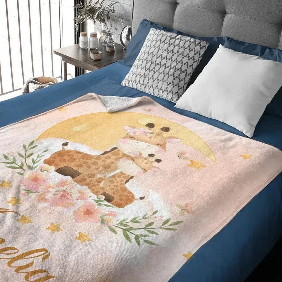 Sleeping Baby Animals on Moon, Personalized Baby Name Blanket - Joliny
