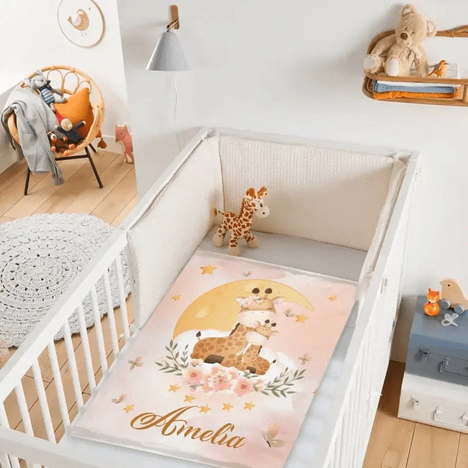 Sleeping Baby Animals on Moon, Personalized Baby Name Blanket - Joliny
