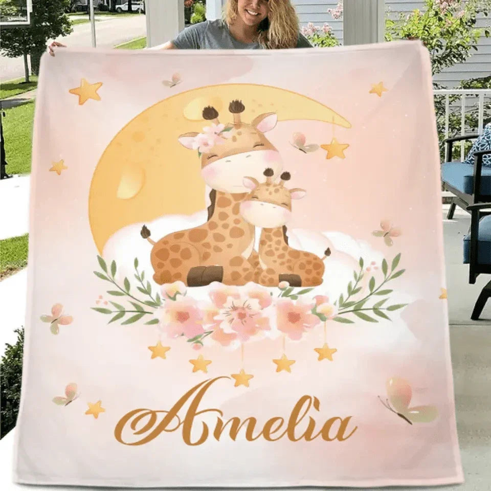 Sleeping Baby Animals on Moon, Personalized Baby Name Blanket - Joliny