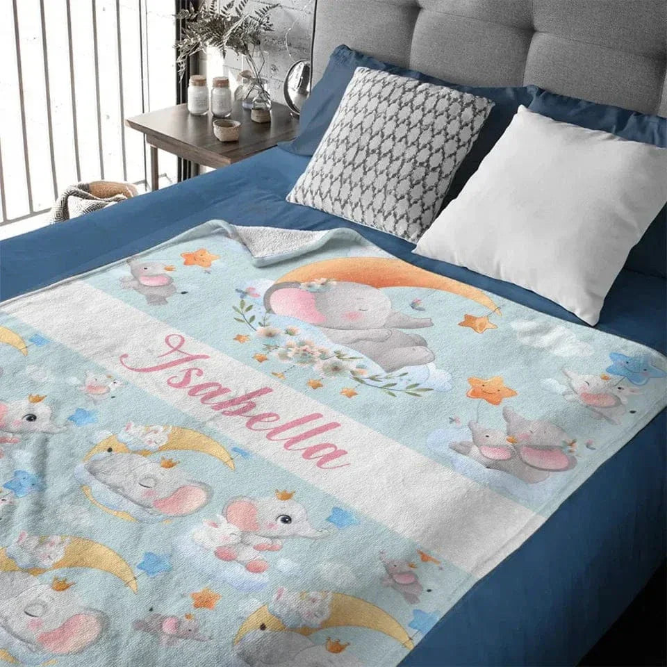 Sleeping Elephant And Rabbit - Personalised Name Animal Print Blanket - A Gift For Child - Joliny