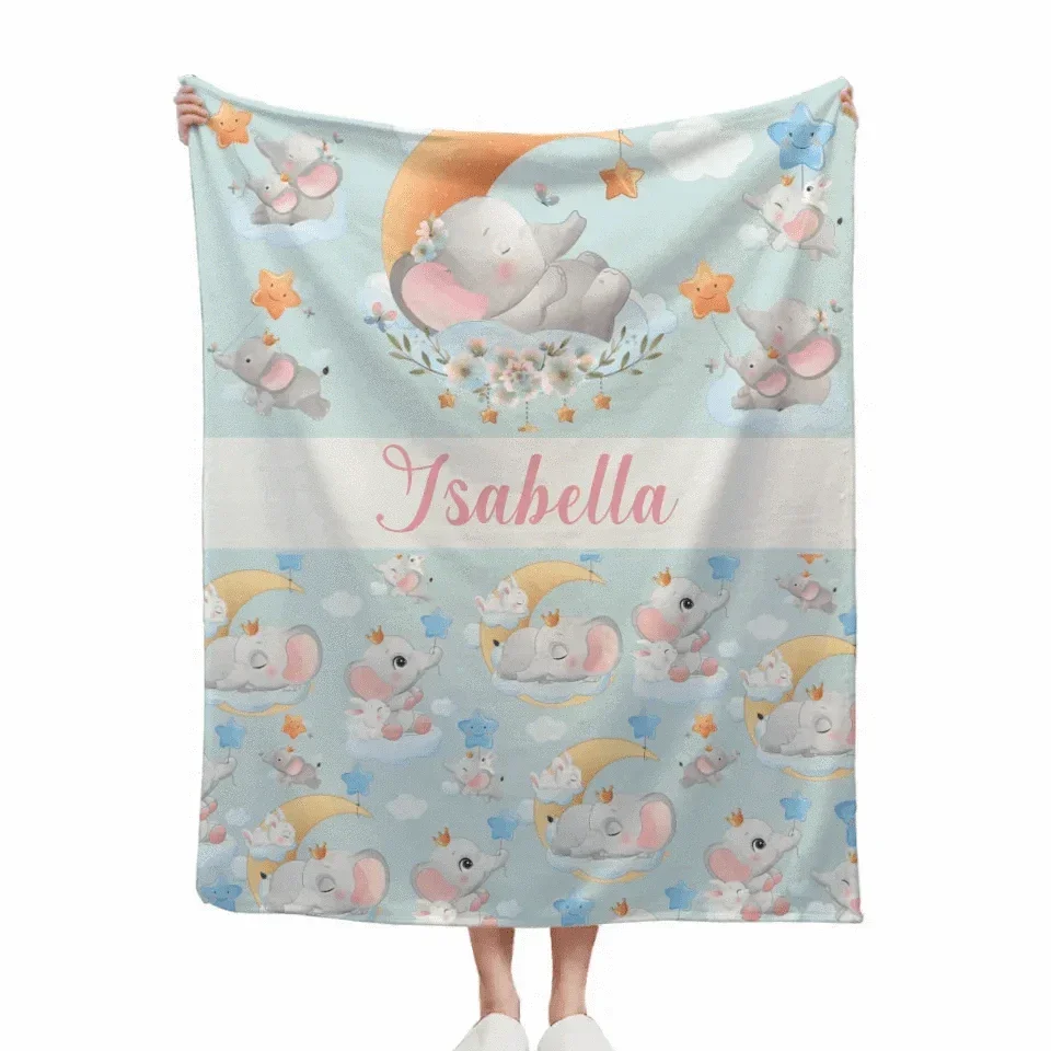 Sleeping Elephant And Rabbit - Personalised Name Animal Print Blanket - A Gift For Child - Joliny