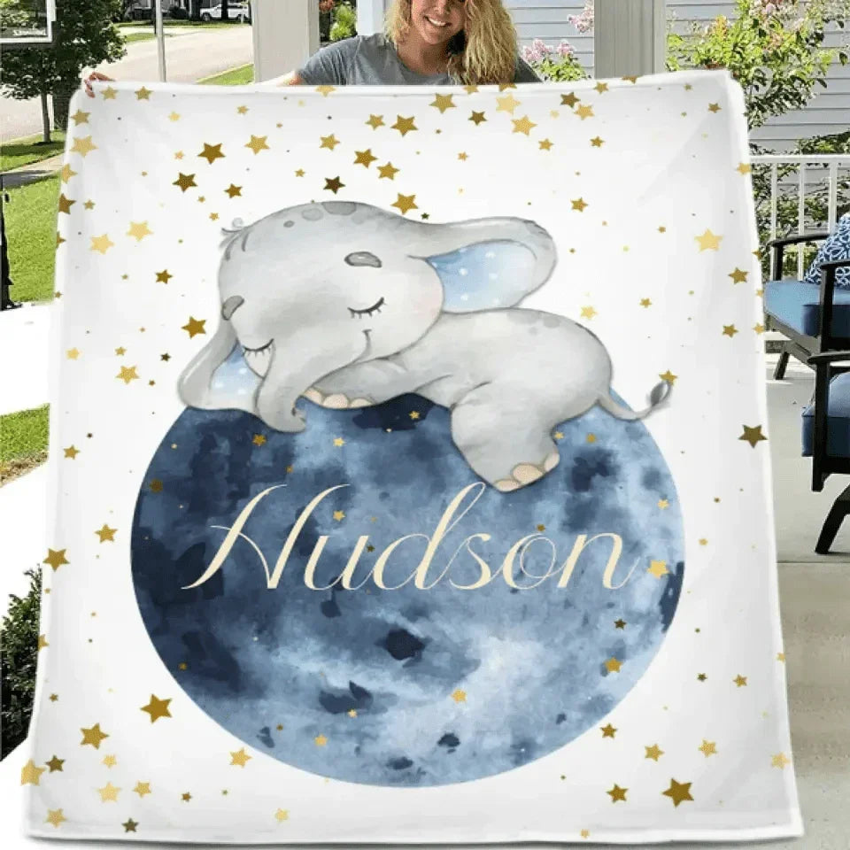 Sleeping Elephant Name Customized Kids Blanket Gift for Boys and Girls - Joliny