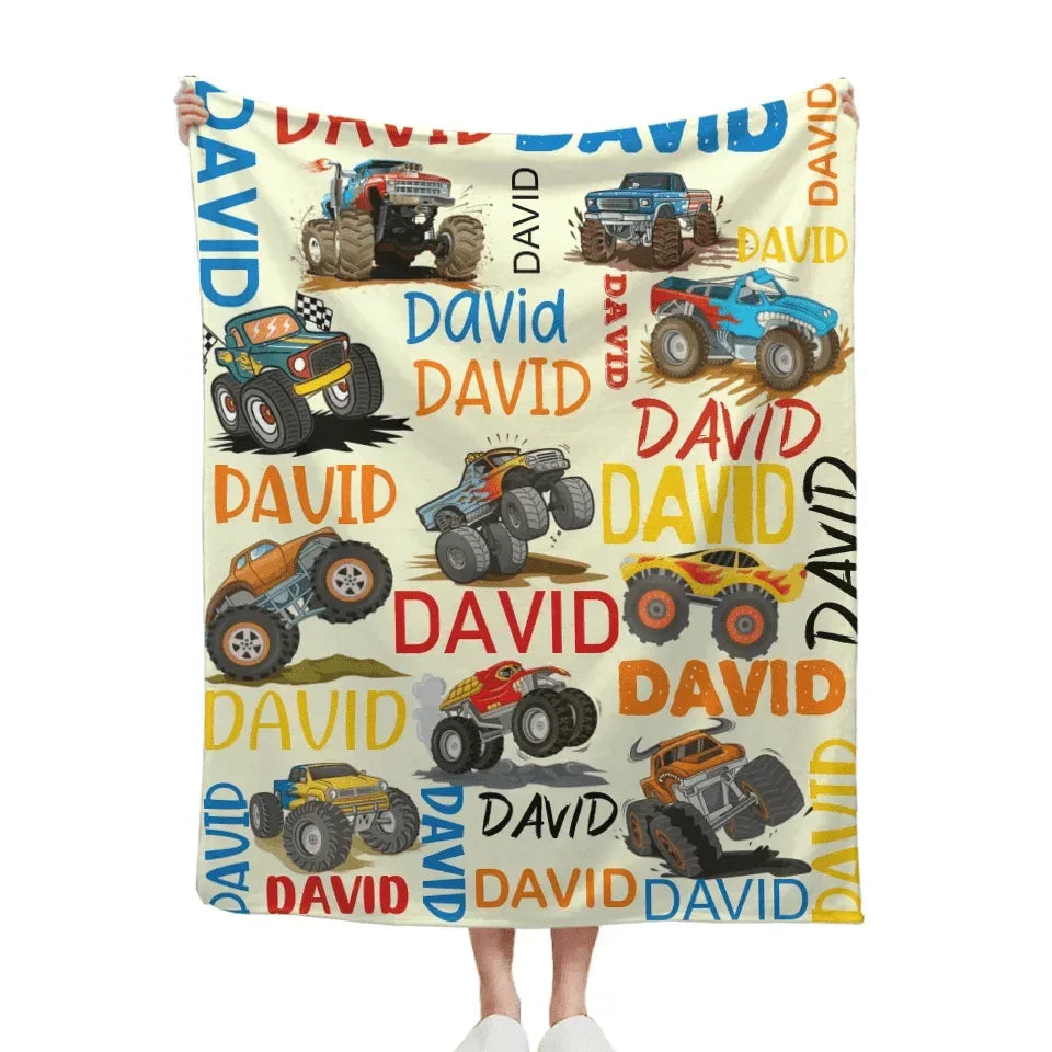 Monster Trucks Cars Motorcycles Collection - Customized Kids Name Blanket - Joliny