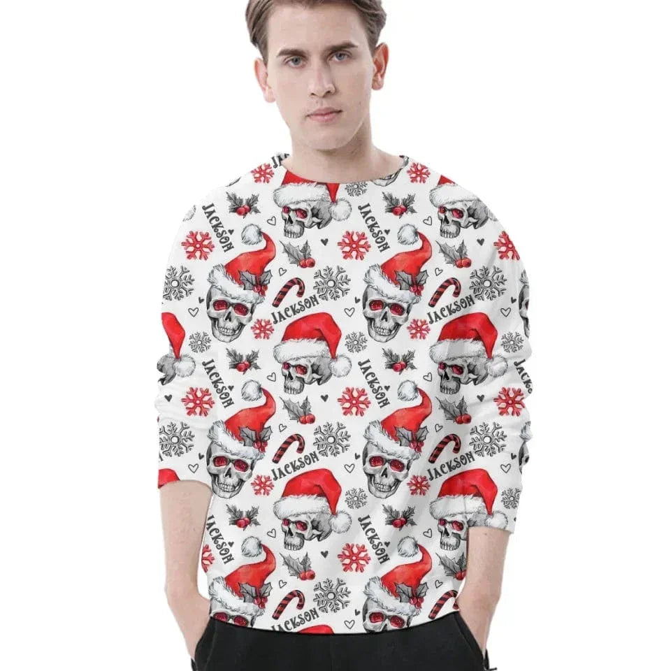 Christmas Themed Clothing - Skull Printed Clothing With Christmas Hat Personalized With Name - A Gift For Yourself,Family,Friend,Colleagues - Joliny