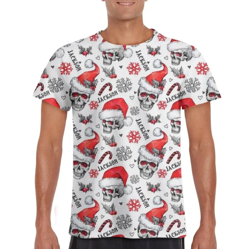 Christmas Themed Clothing - Skull Printed Clothing With Christmas Hat Personalized With Name - A Gift For Yourself,Family,Friend,Colleagues - Joliny