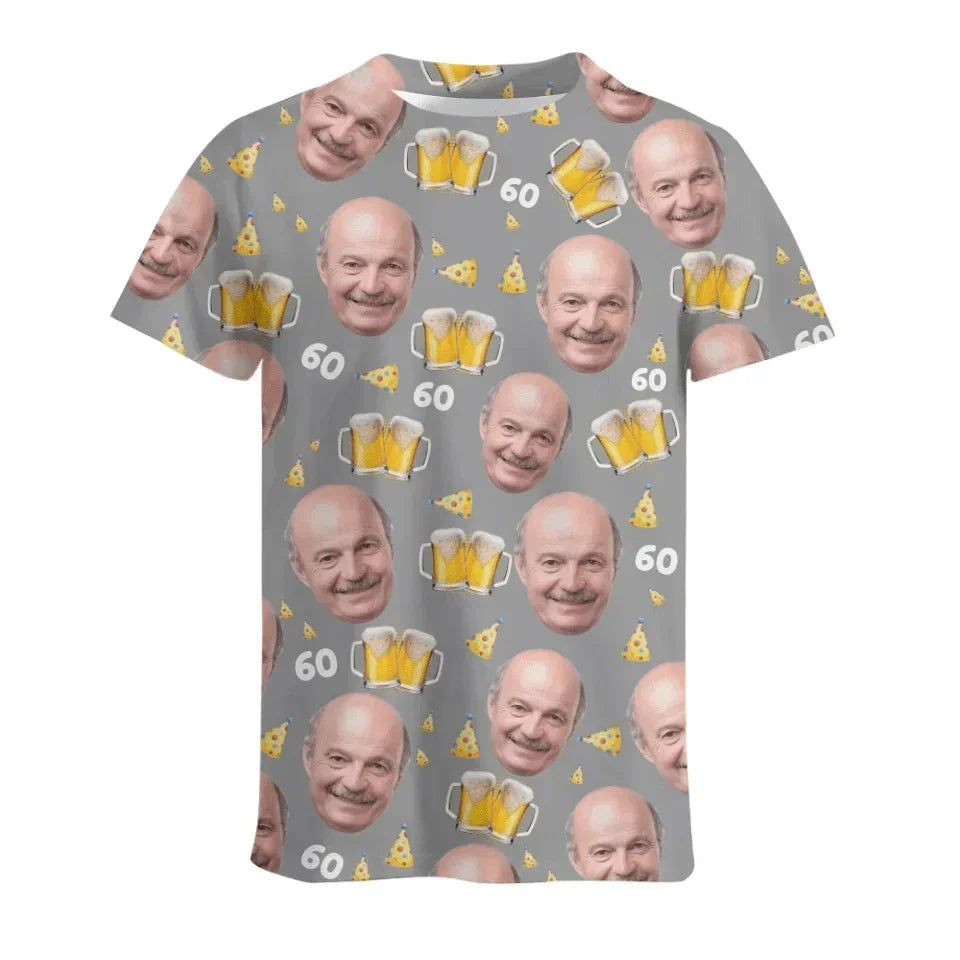 Customized Beer Celebration T-shirt - Beer and Pointy Hat Pattern Personalized Photo Clothes - A Gift For Party Host,Birthday Person,Friends,Colleague - Joliny