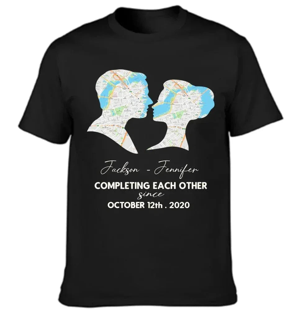 Customized Couple T-shirt - Personalized Name,Date,Map Location Silhouette Couple's Clothing - A Gift For Boyfriend,Girlfriend,Husband,Wife,Anniversary - Joliny